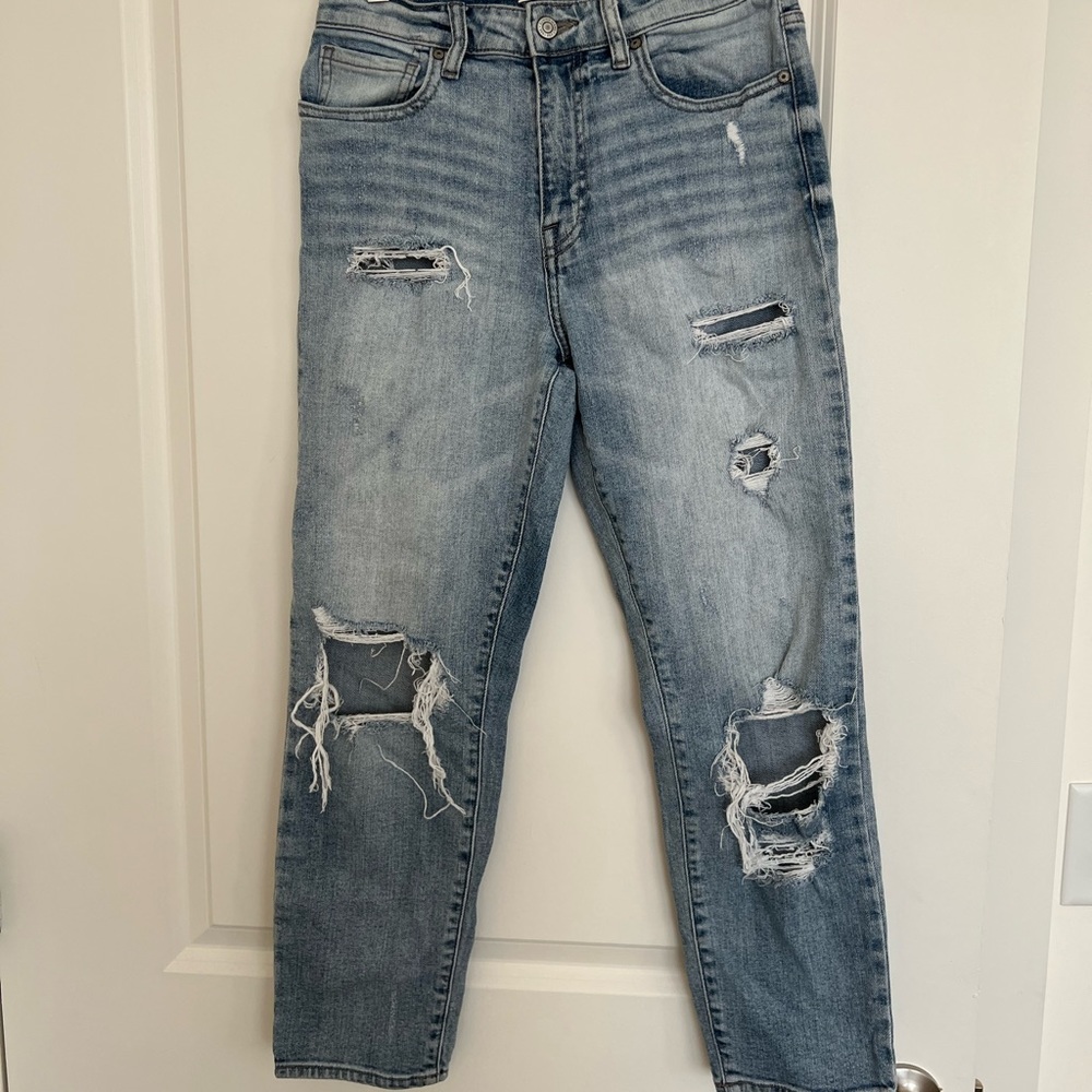 High Rise relaxed crop denim distressed jeans